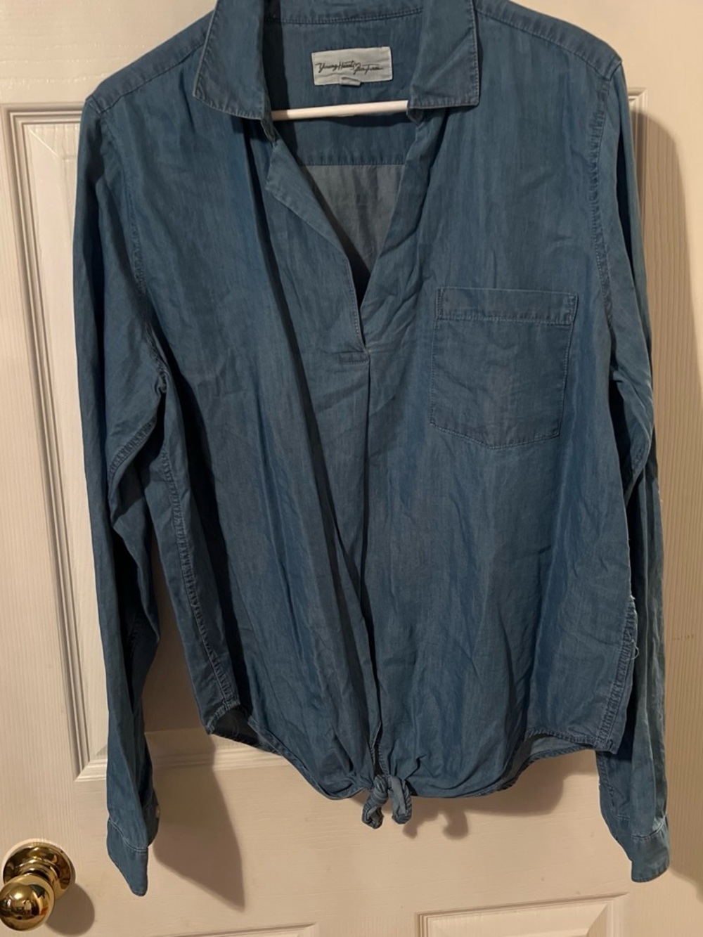 Casual Tie-Hem Denim-Look Women's Blouse - Blue
